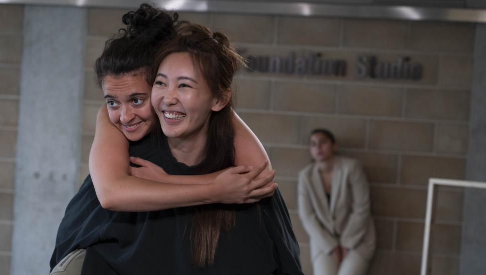 Two students in a LAMDA rehearsal room